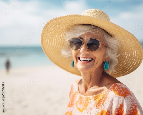 A highresolution image of a happy elderly woman wearing a straw hat and large sunglasses, standing in front of a blurred beach scene, captured with bright natural lighting to emphasize her relaxed and