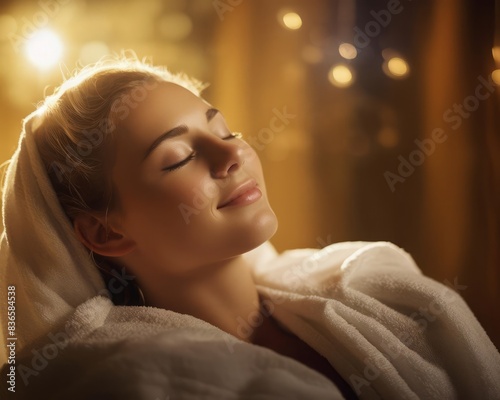 A serene highdefinition image of a woman relaxing at a spa, with her hair wrapped in a towel and eyes closed, set against a backdrop of warm, soft bokeh lights to convey tranquility and relaxation