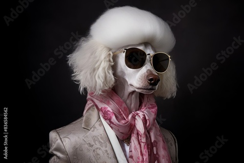 A whimsical photograph of a poodlelike dog in formal attire, complete with a white wig and fashionable scarf, set against a dark backdrop to highlight the humorous and elegant styling © Pakorn