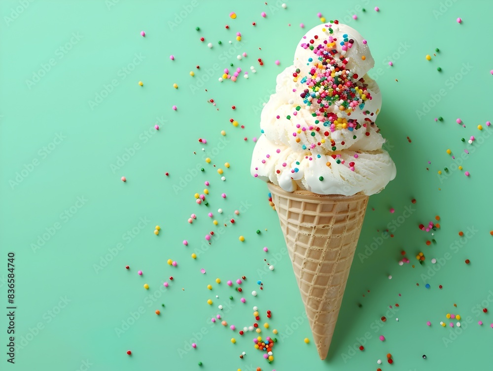 Ice Cream on Down Edge of Mint Green Background Evoking Carnival Atmosphere Ice Cream on Down Edge of Mint Green Background Evoking Carnival Atmosphere