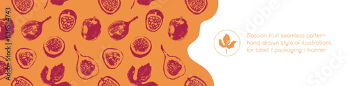 Tropical banner template with hand drawn granadilla pattern and passion fruit seamless pattern. Exotic fruits ornate print. Passion fruit background for cosmetic label, fruits puree or juice packaging