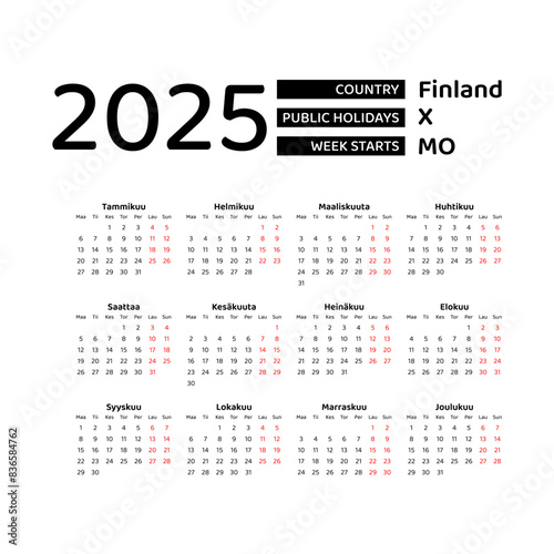 Finland calendar 2025. Week starts from Monday. Vector graphic design. Finnish language.