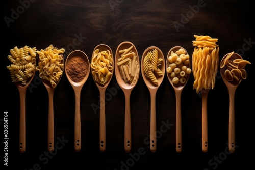 An engaging shot of a variety of uncooked pasta types presented on wooden spoons, with a dark, textured backdrop to emphasize the contrast and highlight the intricate details of the pasta photo