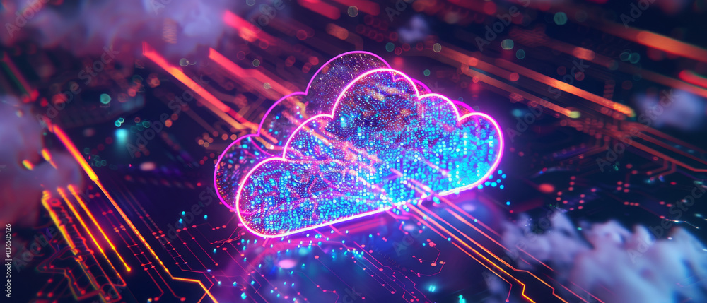 Digital illustration of cloud technology with glowing data center. Digital illustration of cloud technology with glowing data center.