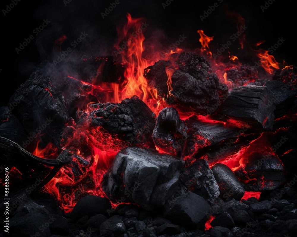 A crisp photograph of redhot charcoal pieces surrounded by roaring flames and embers, set against a dark background to highlight the vibrant colors and intense heat, capturing the raw energy of the fi A crisp photograph of redhot charcoal pieces surrounded by roaring flames and embers, set against a dark background to highlight the vibrant colors and intense heat, capturing the raw energy of the fi
