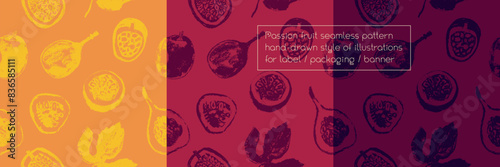 Tropical banner template with hand drawn granadilla pattern and passion fruit seamless pattern. Exotic fruits ornate print. Passion fruit background for cosmetic label, fruits puree or juice packaging