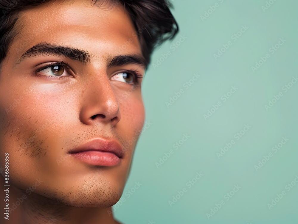 Handsome South American Mans Professional Makeup Look for Skincare Advertising on Mint Green Handsome South American Mans Professional Makeup Look for Skincare Advertising on Mint Green