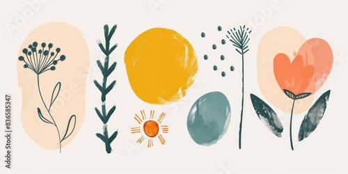 Abstract small simple icon clipart set of blush geometric shapes with bold strokes. Soft wash and minimalist detail. Organic charming, rhythmic bold block doodle print. Great as poster decoration