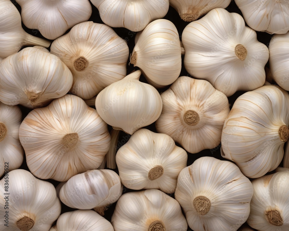 A detailed photograph of numerous garlic bulbs clustered together, emphasizing the fine textures and organic patterns of their skins, captured in high resolution to highlight their natural beauty A detailed photograph of numerous garlic bulbs clustered together, emphasizing the fine textures and organic patterns of their skins, captured in high resolution to highlight their natural beauty