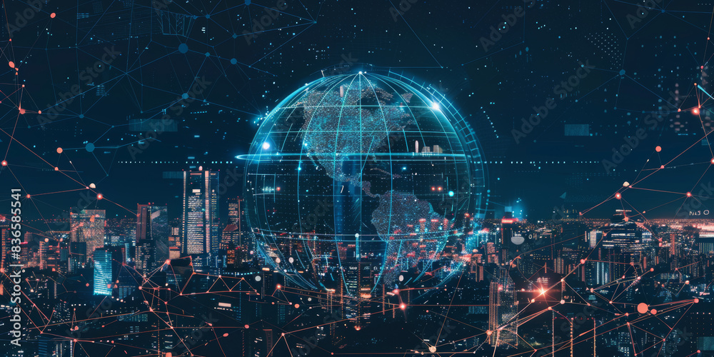 Obraz premium Digital globe with glowing connections on dark background, symbolizing global network and connectivity in technology or digital marketing concept.