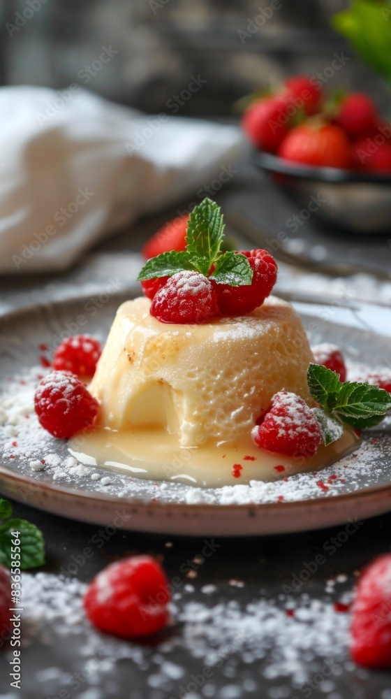 Dessert with raspberries and powdered sugar on a plate, food background Dessert with raspberries and powdered sugar on a plate, food background