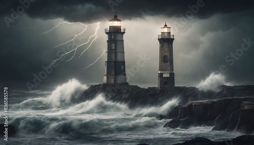  dramatic scene of lighthouses standing tall against a dark, stormy sky,The lighthouses are situated on a rocky coastline, with waves crashing against the shore,