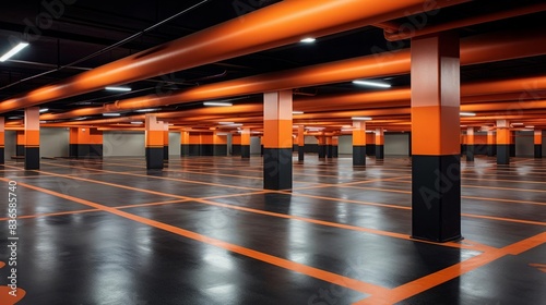 A highdefinition image of a spacious and modern underground parking garage with orange and black columns, featuring reflective polished floors and bright overhead lighting to emphasize the clean, orga photo