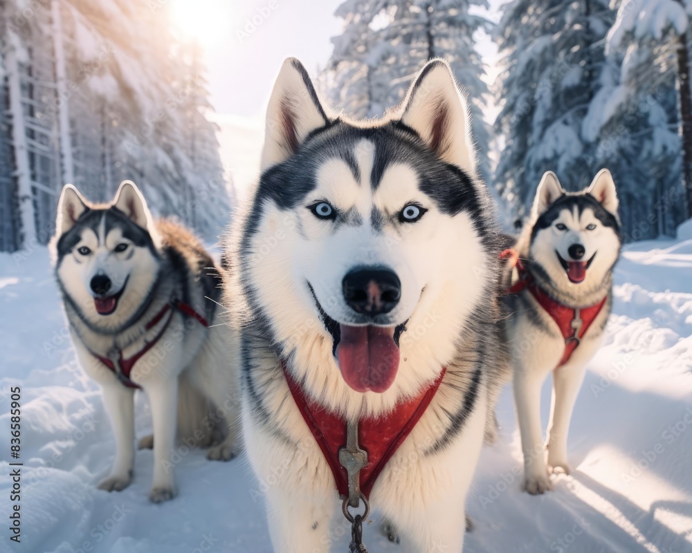 A highdefinition shot of multiple Huskies in a sledding team, with the lead Husky looking directly at the camera, capturing their spirited nature and the wintry environment in crisp detail A highdefinition shot of multiple Huskies in a sledding team, with the lead Husky looking directly at the camera, capturing their spirited nature and the wintry environment in crisp detail