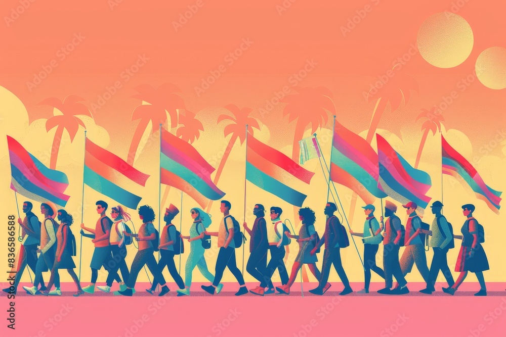 Minimalist vector illustration of a Pride parade with diverse LGBTQ+ community members marching under rainbow flags, emphasizing inclusivity and the celebration of queer culture with simple, clean Minimalist vector illustration of a Pride parade with diverse LGBTQ+ community members marching under rainbow flags, emphasizing inclusivity and the celebration of queer culture with simple, clean