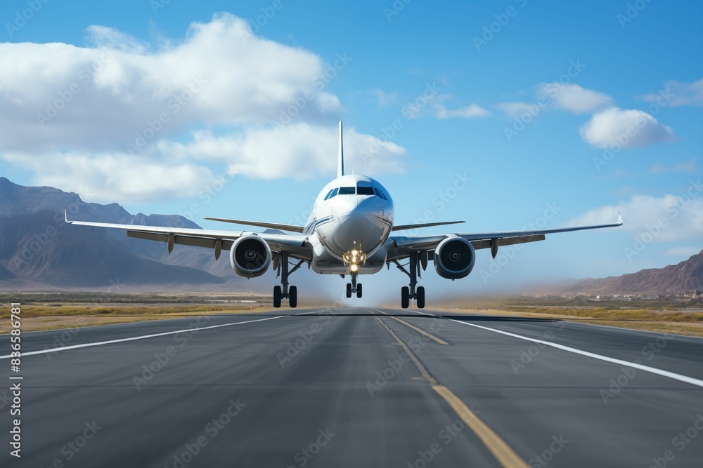 An airplane on the runway with its wheels retracted, ready for takeoff. Generative AI An airplane on the runway with its wheels retracted, ready for takeoff. Generative AI
