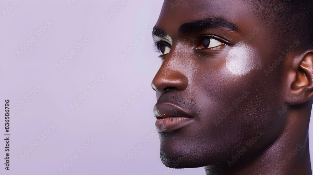 Handsome African Man s Face in Elegant Skincare Advertising Banner on Lavender Background Handsome African Man s Face in Elegant Skincare Advertising Banner on Lavender Background