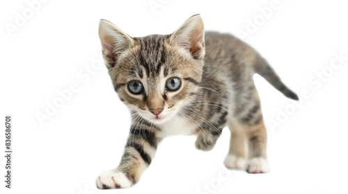 Against a clean white background, a curious cat stands poised, ready to pounce. Every detail of its fur and whiskers is accentuated