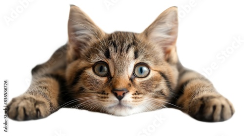 Against a clean white background, a curious cat stands poised, ready to pounce. Every detail of its fur and whiskers is accentuated