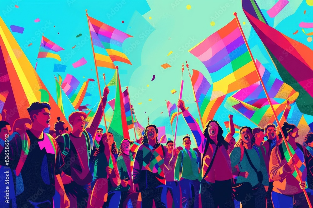 Simplified vector scene of a Pride march, featuring diverse participants holding rainbow flags and advocating for LGBTQ+ rights with clean, bold lines and bright colors Simplified vector scene of a Pride march, featuring diverse participants holding rainbow flags and advocating for LGBTQ+ rights with clean, bold lines and bright colors