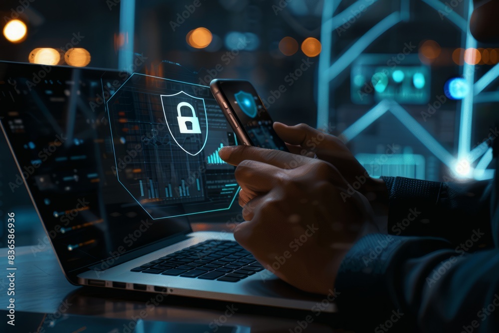 Merchants use smartphones and computers with cybersecurity technology to protect personal data and secure Internet access. Data network security and privacy concepts. Merchants use smartphones and computers with cybersecurity technology to protect personal data and secure Internet access. Data network security and privacy concepts.