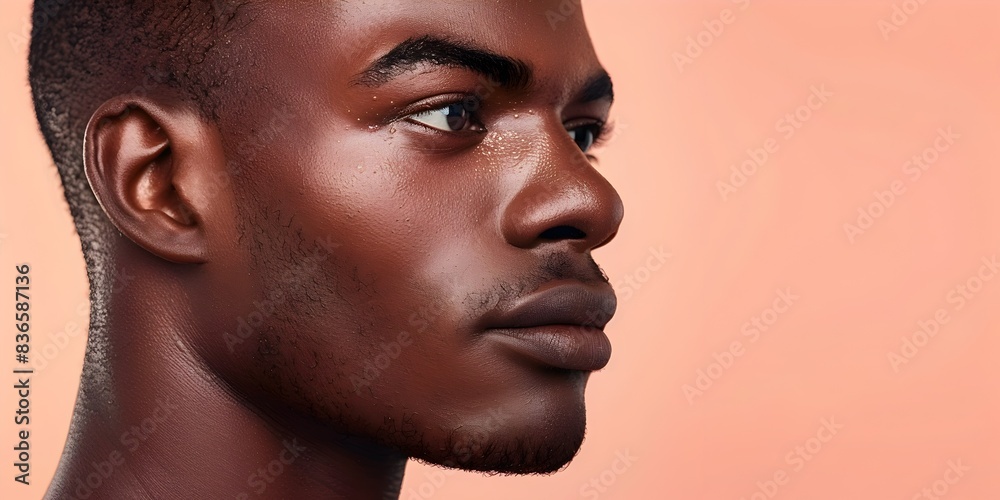 Handsome African Man s Face for Upscale Skincare Advertising Campaign on Peach Background