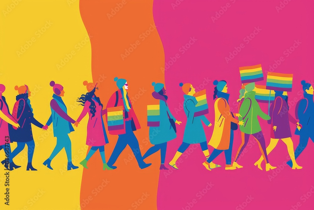 Obraz premium Minimalist vector illustration of a group of non-binary individuals participating in a Pride parade, promoting visibility and acceptance with bold, simplified shapes and vibrant colors