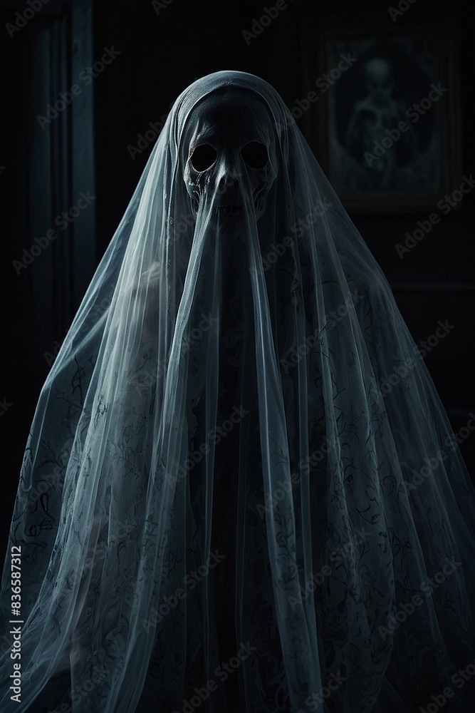 A ghostly apparition floats in the darkness on eerie poses A ghostly apparition floats in the darkness on eerie poses
