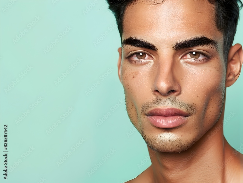 Naklejka premium Handsome South American Man s Face for Cosmetics Advertising on Mint Green Background
