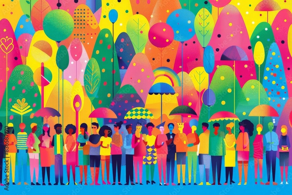 Minimalist vector depiction of a Pride festival with diverse LGBTQ+