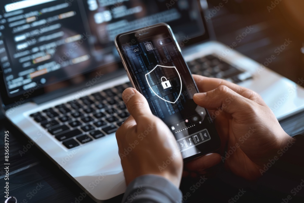 Merchants use smartphones and computers with cybersecurity technology to protect personal data and secure Internet access. Data network security and privacy concepts. Merchants use smartphones and computers with cybersecurity technology to protect personal data and secure Internet access. Data network security and privacy concepts.