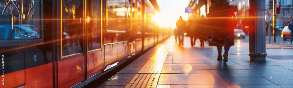 Passengers walking on a sidewalk next to a train at a station Passengers walking on a sidewalk next to a train at a station