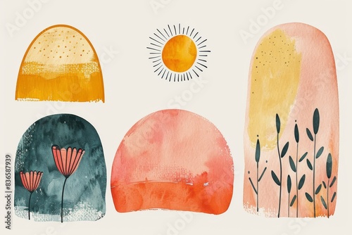 Abstract Shapes in Orange Blush, Yellow, Dusty Pink, and Light Dusty Teal with Bold Strokes, Soft Washes, and Naive Charm Feminine Sticker Art Phoenician Influence and Simple Sun and Flower Doodles photo