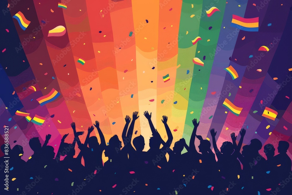 Vector illustration of LGBTQ+ youth at a Pride celebration, showcasing acceptance and joy with clean, minimalistic lines and a vibrant rainbow color scheme Vector illustration of LGBTQ+ youth at a Pride celebration, showcasing acceptance and joy with clean, minimalistic lines and a vibrant rainbow color scheme