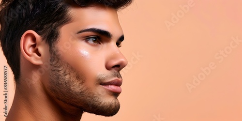 Handsome South American Man s Face in Skincare Advertising Banner on Peach Background