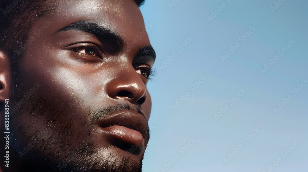 Obraz premium Handsome Male Model in Advertising Skincare Banner with Makeup and Plain Blue Background