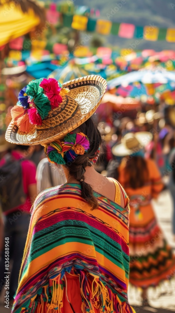 Woman wearing a colorful hat and a colorful dress, cultural festival