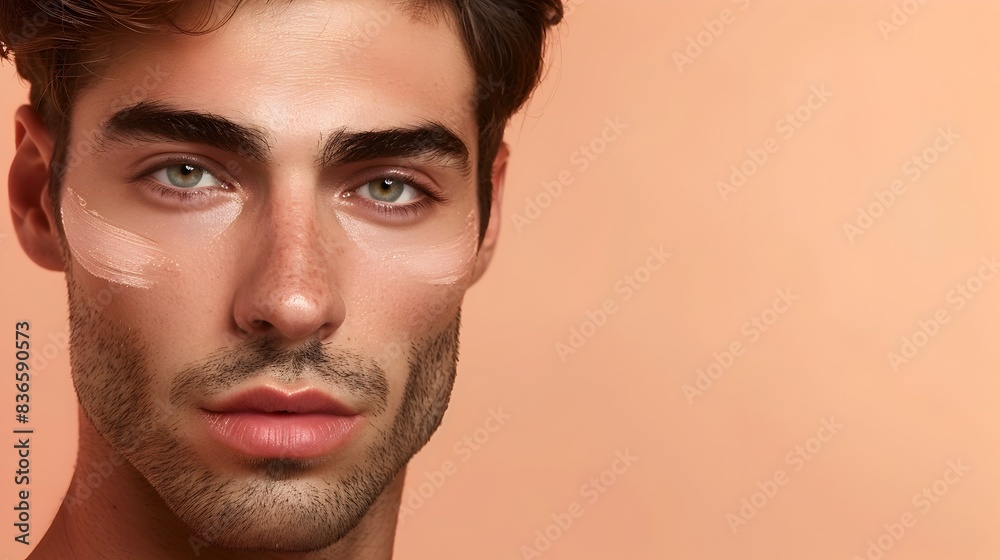 Obraz premium Handsome Male Model s Face Showcasing Skincare Advertising Banner on Peach Background