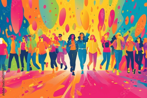Simplified vector depiction of a group of allies supporting the LGBTQ+ community at a Pride festival, using simple shapes and vibrant colors to emphasize allyship and support photo