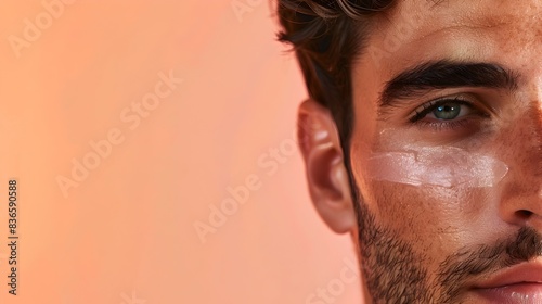 Handsome Argentinian Model s Face in Professional Skincare Advertising Banner on Peach Background photo