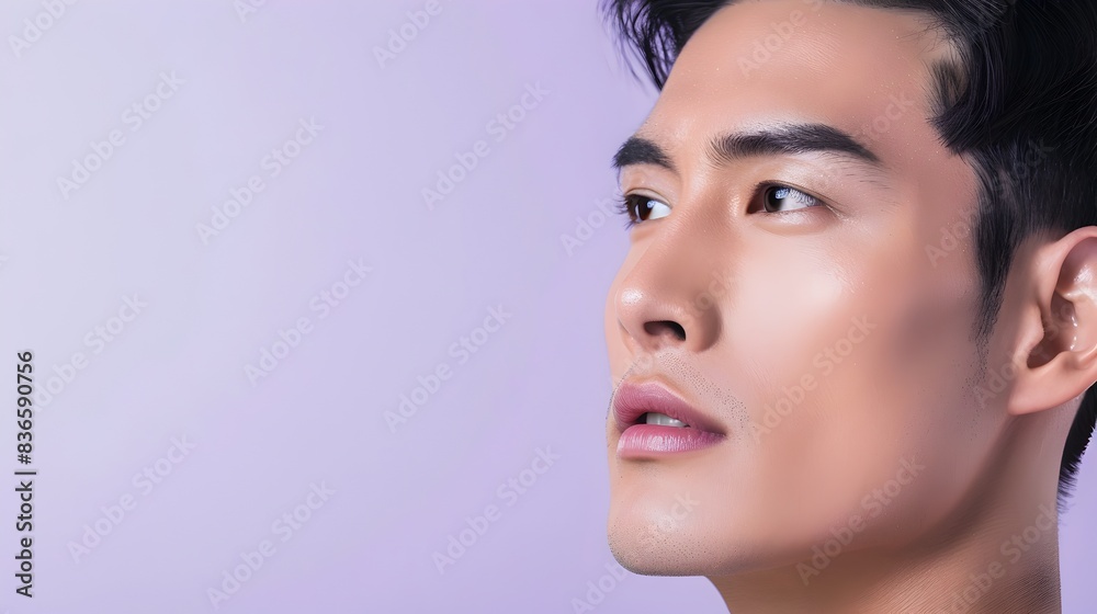 Handsome Asian Male Model s Face Showcasing Skincare Advertising Banner on Lavender Background Handsome Asian Male Model s Face Showcasing Skincare Advertising Banner on Lavender Background