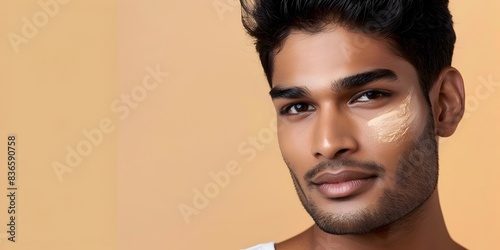 Handsome Indian Man s Face in Advertising Skincare Campaign on Soft Yellow Background photo