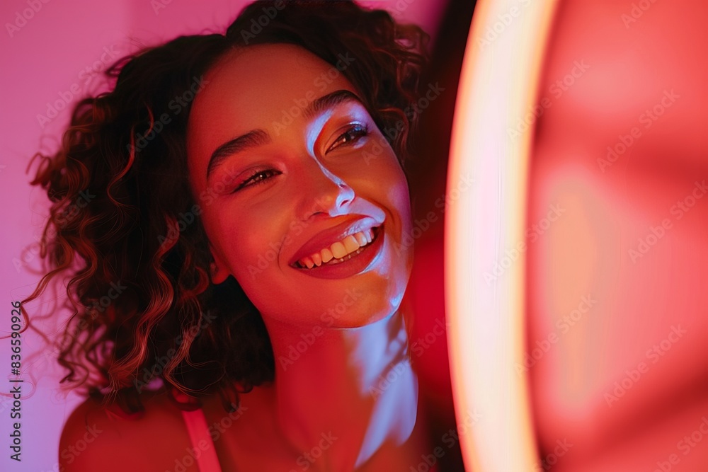 Naklejka premium female beauty content creator making videos with lighting and camera / phone setup 