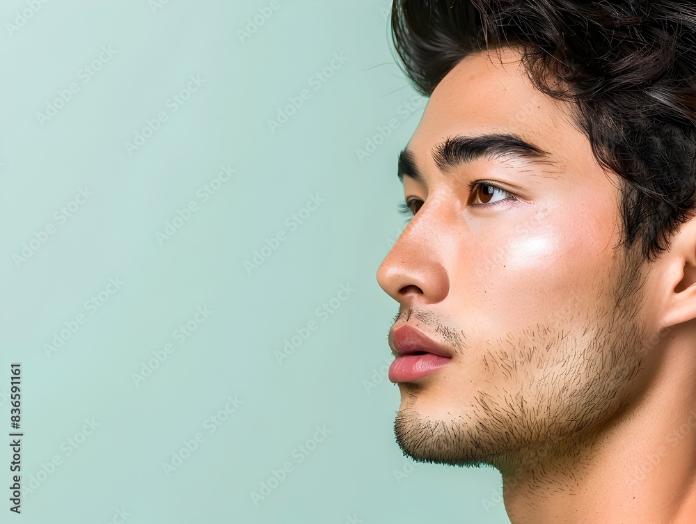 Handsome Japanese Man s Flawless Skin in Skincare Advertising on Mint Green Background Handsome Japanese Man s Flawless Skin in Skincare Advertising on Mint Green Background