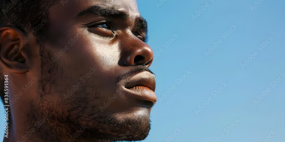 Handsome African Man s Face in Advertising Skincare Product Promotion on Plain Blue Sky Background Handsome African Man s Face in Advertising Skincare Product Promotion on Plain Blue Sky Background