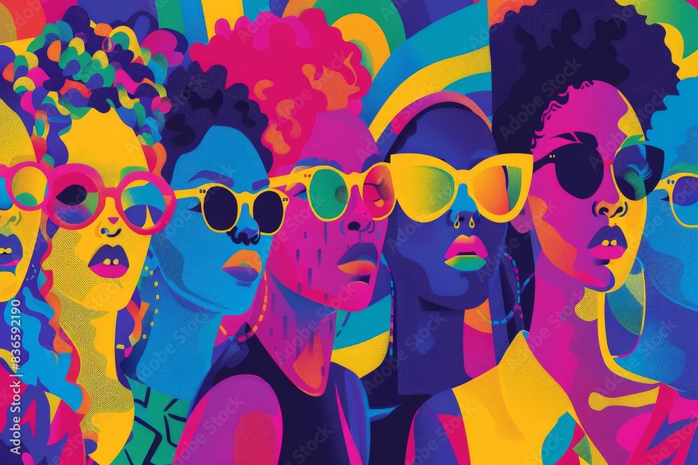 Minimalist vector illustration of a Pride festival featuring diverse