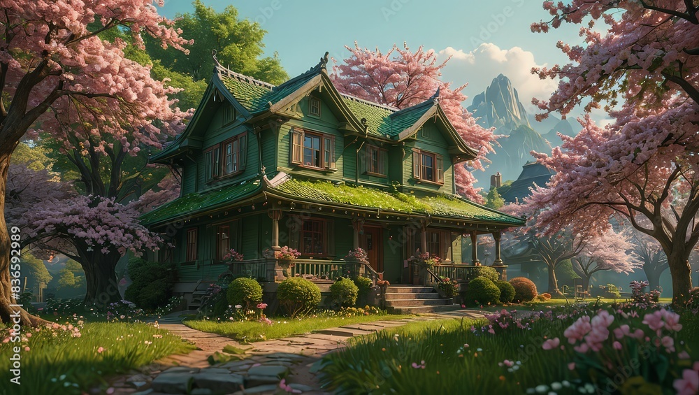 Charming Green House with Blooming Cherry Trees in a Sunny Spring Landscape Charming Green House with Blooming Cherry Trees in a Sunny Spring Landscape