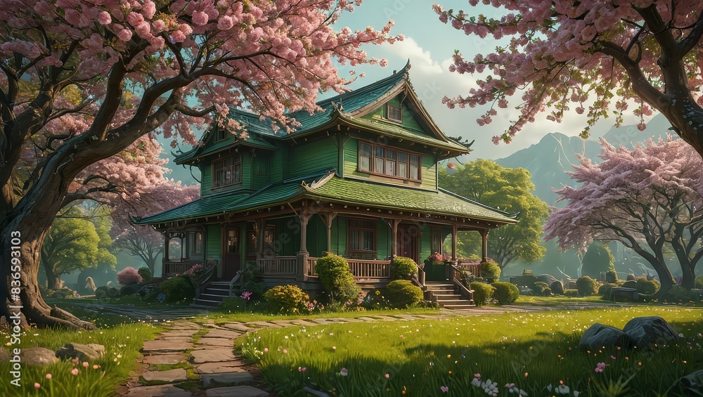 Japanese House Surrounded by Cherry Blossoms Japanese House Surrounded by Cherry Blossoms