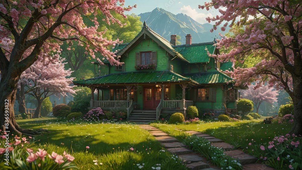 Green House in a Spring Landscape Green House in a Spring Landscape