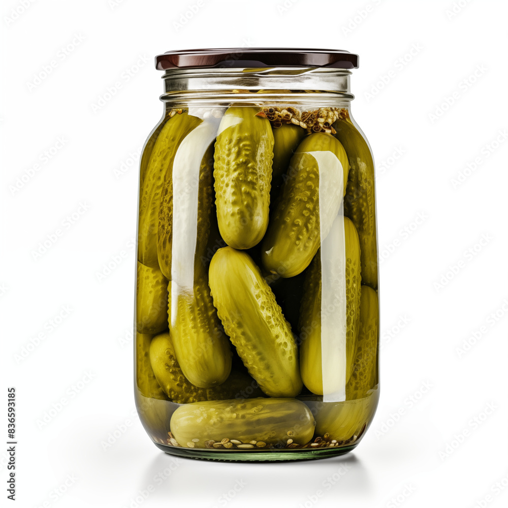 A jar of pickles on a white background The pickles are green and have a crunchy texture The jar is made of glass and has a brown lid The pickles A jar of pickles on a white background The pickles are green and have a crunchy texture The jar is made of glass and has a brown lid The pickles